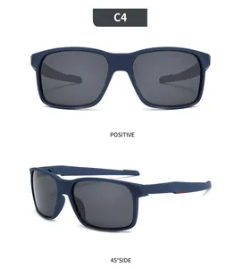 Polarized outdoor sports sunglasses with blue frame shown in front and 45-degree side views
