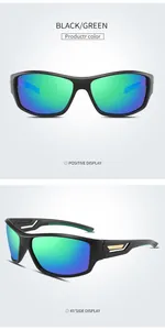 Front and 45-degree side views of black and green polarized sports sunglasses