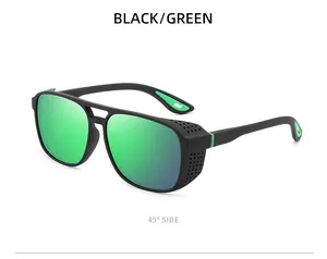 Detailed 45-degree side view of black sports sunglasses with green polarized lenses