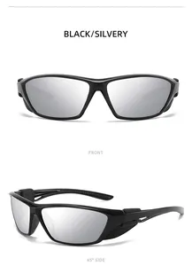 Front and 45-degree side views of black sports sunglasses with silvery polarized lenses