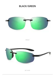 Front and side views of green polarized fishing sunglasses with black frame
