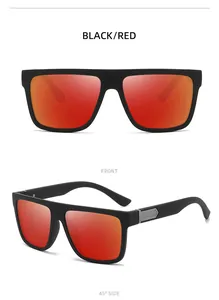 Front and 45-degree side views of black square sunglasses with red mirrored lenses.