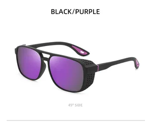Sports polarized sunglasses with black frame and purple lenses shown at a 45-degree angle
