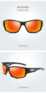 Detailed side view of black and red polarized sports sunglasses for cycling and outdoors