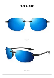Polarized rimless fishing sunglasses with blue mirrored lenses and black frame detail