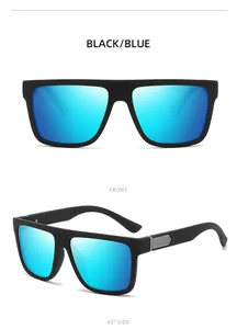 Square polarized sunglasses for men featuring black frames and blue mirrored lenses in two angles