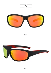 Front and side views of black sports sunglasses with orange mirrored lenses