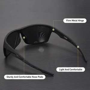 Detailed macro view of polarized sport sunglasses highlighting metal hinges and pads