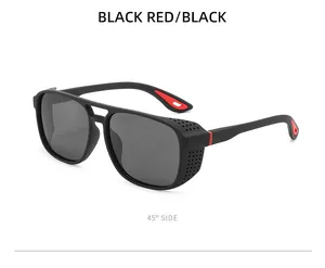45-degree side view of matte black and red sports sunglasses with hollow side shields.