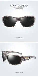 Front and 45-degree side views of camouflage men's polarized sports sunglasses.