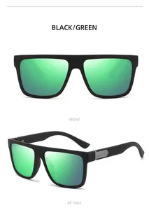 Detail of men's square sunglasses with green mirrored lenses and black frames