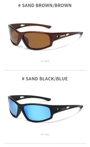 Detail view of sport polarized sunglasses in sand brown and black with blue mirror lenses.