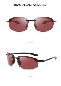 Rimless polarized sunglasses in black and wine red, front and 45-degree side views