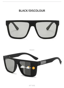 Detailed view of men's square polarized sunglasses with photochromic lenses feature.