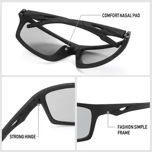 Detailed macro views of black polarized sports sunglasses showing strong hinge and nose pads