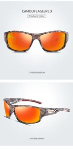 Front and 45-degree side view of men's polarized camouflage sports sunglasses with red lenses.