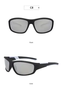 Men's polarized sport sunglasses in matte black with grey lenses, front and side views