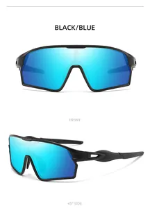Viste frontale e laterale di occhiali da ciclismo sportivi neri con lenti blu.
