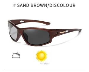 Polarized sports sunglasses with sand brown frame and photochromic lenses for outdoor cycling.