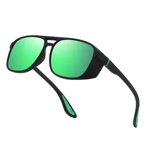 Sporty cycling sunglasses with green mirrored polarized lenses and black frame