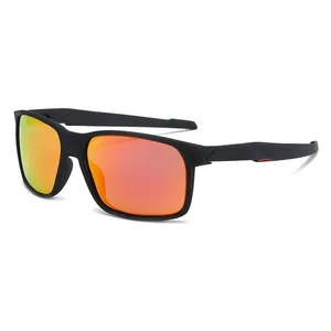 Polarized sports sunglasses with matte black frame and red mirrored lenses for cycling