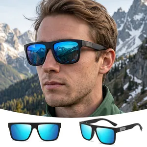 Men's polarized square sunglasses with blue mirrored lenses for driving and outdoor activities