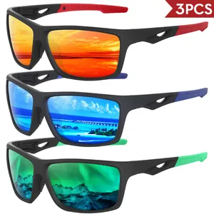 Set of 3 polarized outdoor sports sunglasses with colorful reflective mirror lenses