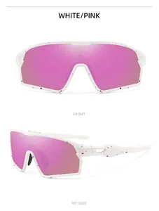 Vista frontale e laterale di occhiali da ciclismo bianchi con lenti rosa specchiate
