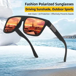 Men's square polarized sunglasses with matte black frame and orange sunset reflection lenses
