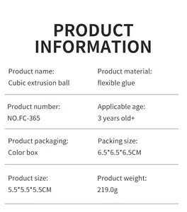 Specifications table for cubic extrusion ball stress relief squeeze toy