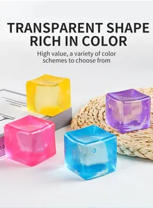 Detailed view of colorful maltose ice cube squishy toys in transparent shades.