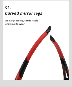 Detailed view of curved red and black temples on sports cycling sunglasses for comfort