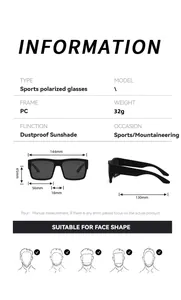 Detailed specifications of sports polarized sunglasses with dimensions and face shape guide