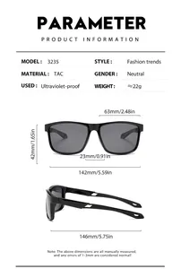 Detailed technical specifications and dimensions of square frame polarized sports sunglasses