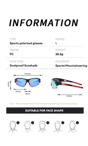 Measurement guide and dimensions for polarized cycling sports sunglasses with colorful lenses