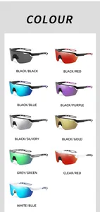 Display of multiple color options for UV protection sports cycling sunglasses chart.