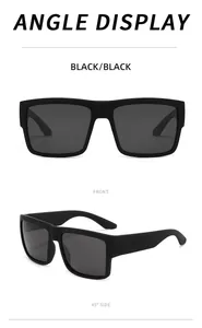 Front and 45-degree side views of black square polarized sunglasses for outdoor sport.