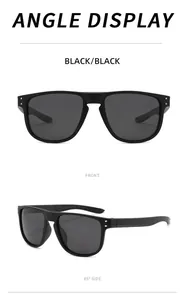 Detail view of black polarized sports sunglasses with silver rivet accents