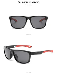 Detailed front and 45-degree side views of black and red polarized sport sunglasses