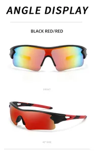 Detailed front and side views of sports cycling sunglasses with vibrant red lenses.
