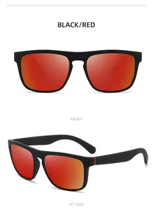 Front and 45-degree side views of black sport sunglasses with red mirrored lenses.
