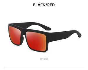 Detailed 45-degree side view of matte black sunglasses with red mirrored lenses