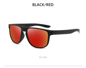 Sports sunglasses with red mirrored lenses and black frame, 45-degree side view.