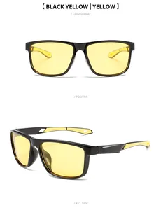 Front and side views of black frame yellow lens polarized sports cycling sunglasses.