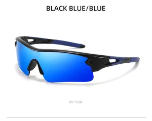 45-degree side view of black and blue cycling sports sunglasses with blue lenses