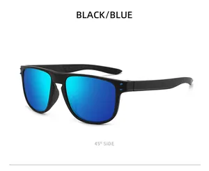 Detailed 45-degree view of polarized sports sunglasses with black frame and blue mirrored lenses