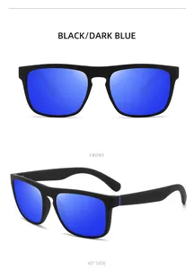 Front and 45-degree side views of black polarized sunglasses with blue lenses.