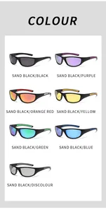 Color chart displaying seven variants of polarized sports sunglasses with English labels.