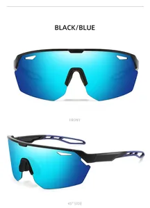 Front and 45-degree side views of black and blue sports cycling sunglasses with mirrored lenses