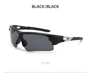 Detail view at a 45-degree angle of black sports cycling sunglasses with UV protection